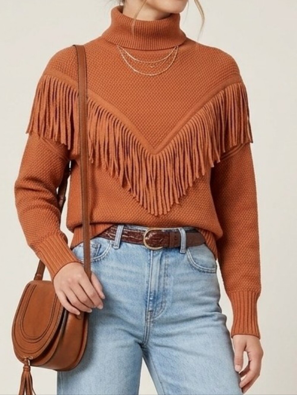 Chelsea & Theodore Boho Fringe Turtleneck Sweater - Rust